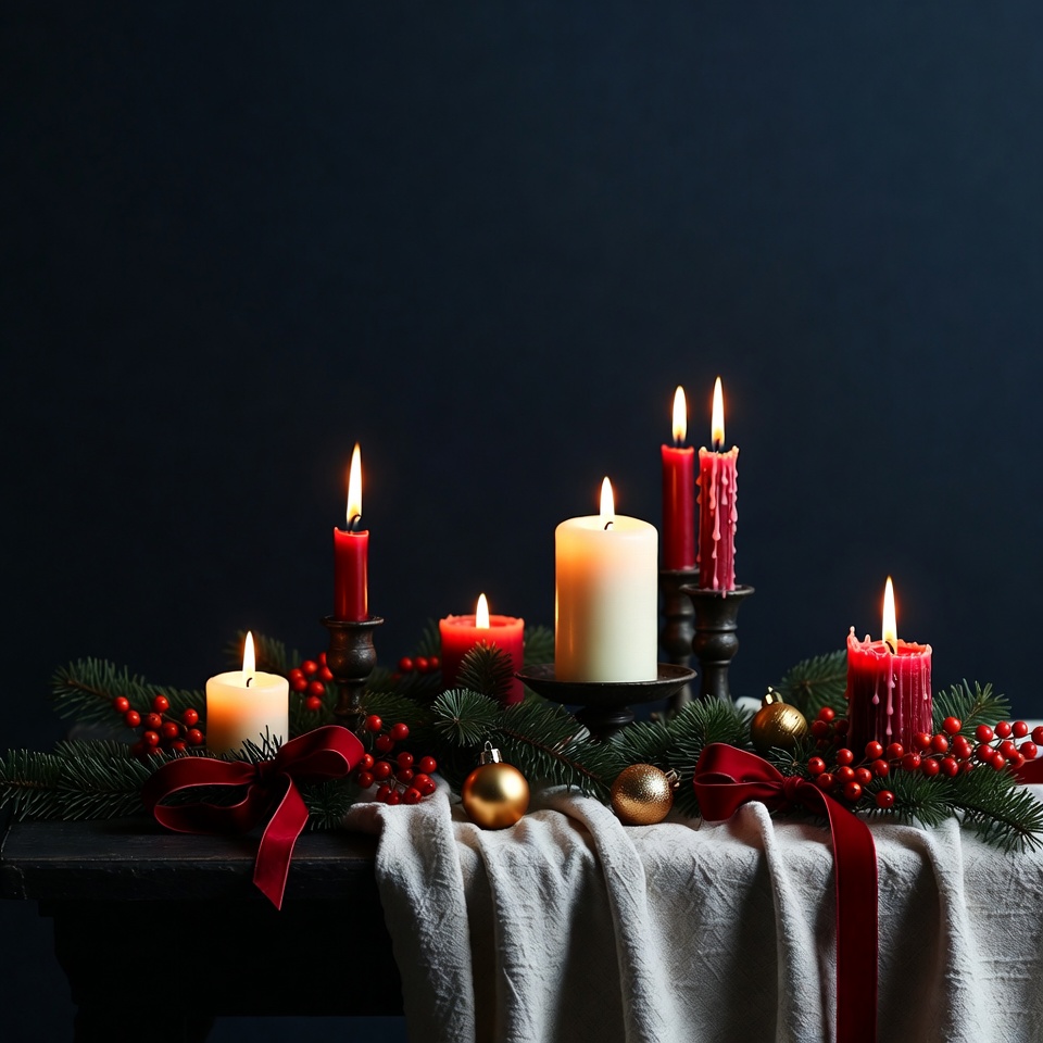 Christmas Candles with Holly and Ornaments Christmas Candles with Holly and Ornaments