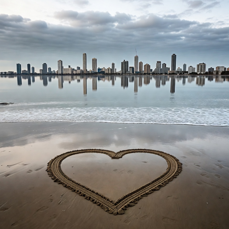 Heart Shape in Sand with City Skyline Reflection Heart Shape in Sand with City Skyline Reflection