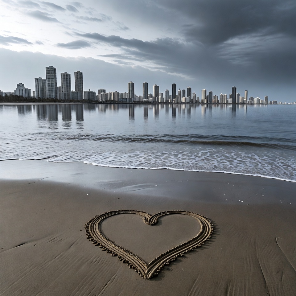 Heart Drawn in Sand Before City Skyline Heart Drawn in Sand Before City Skyline