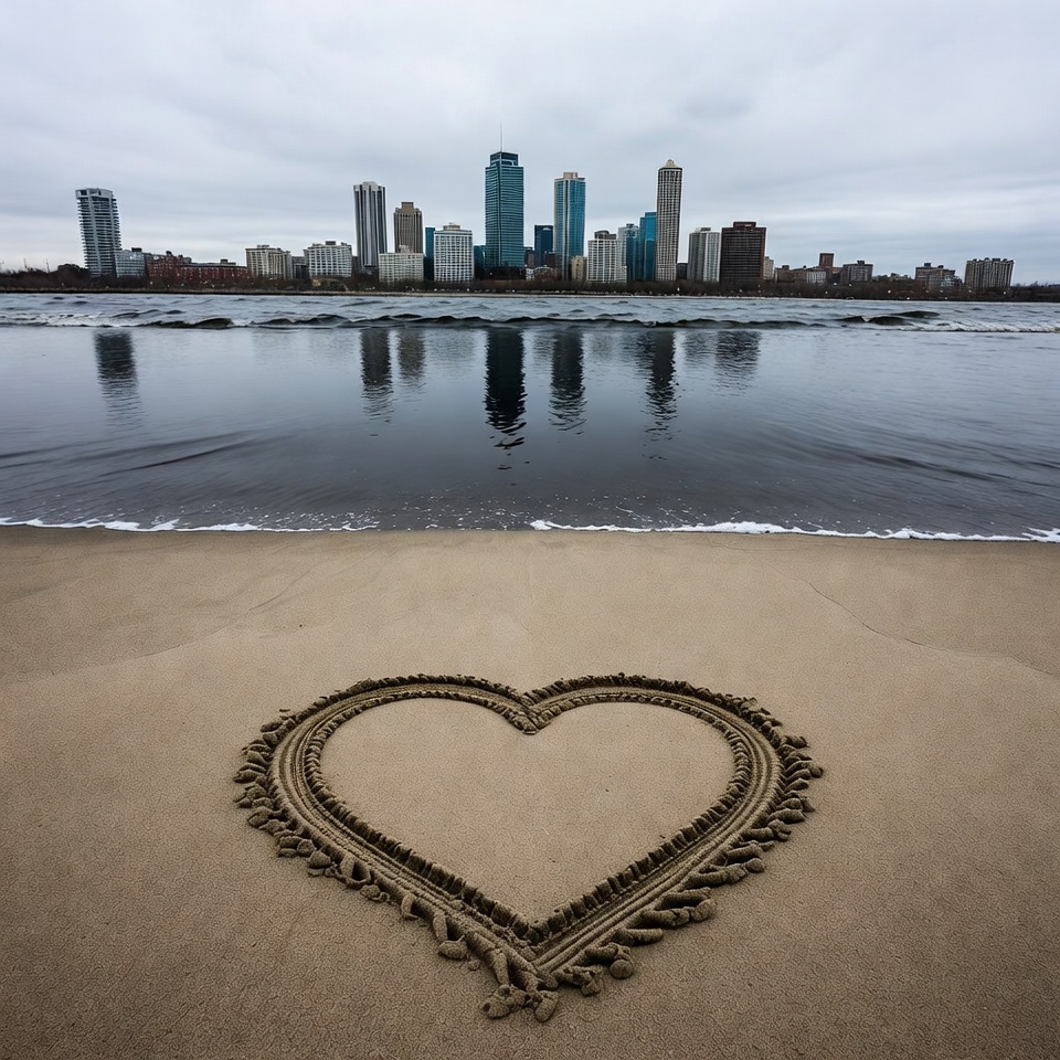 Heart drawn in sand with city skyline Heart drawn in sand with city skyline