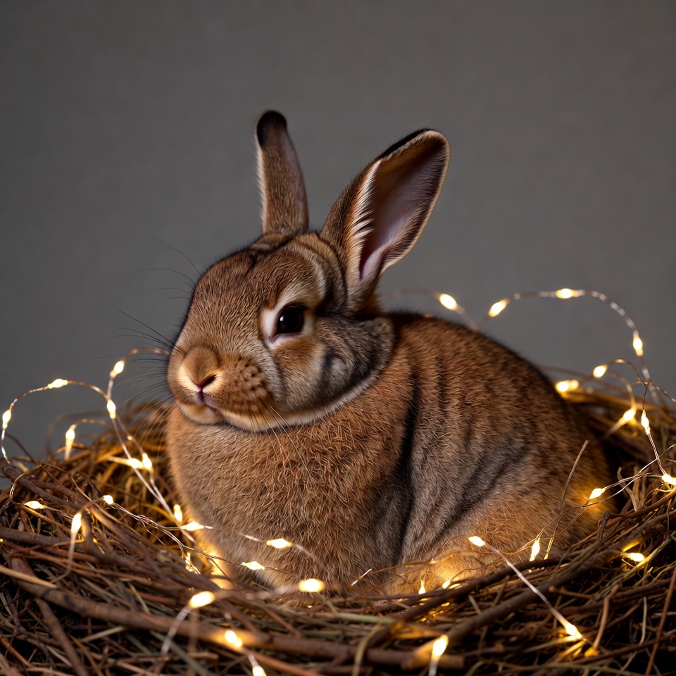 Brown rabbit in nest with fairy lights Brown rabbit in nest with fairy lights