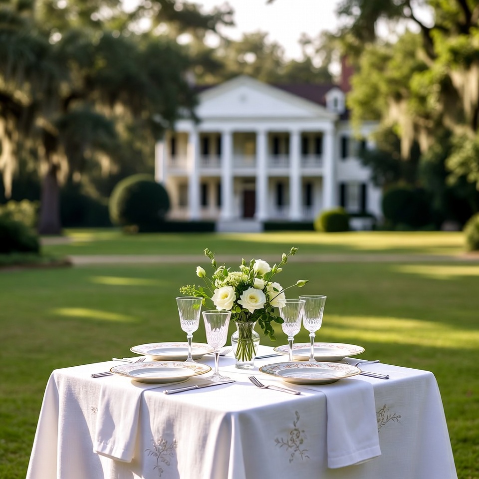 Elegant Outdoor Table Set with White Flowers Elegant Outdoor Table Set with White Flowers