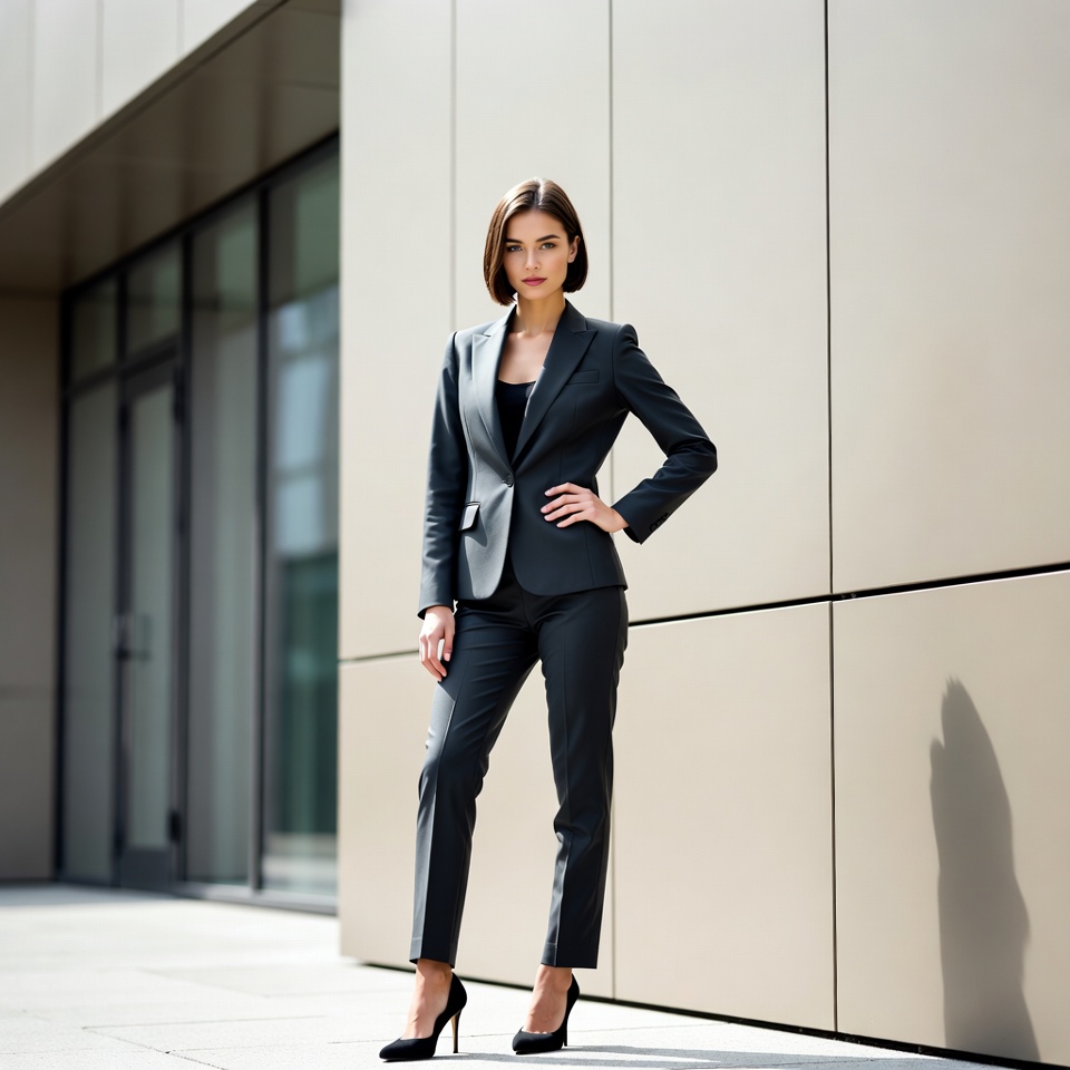 Woman in black suit against building Woman in black suit against building