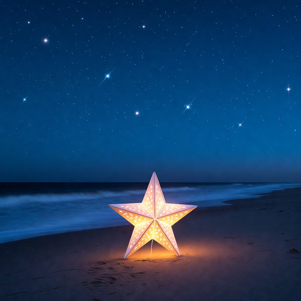 Glowing Star Lantern on Beach Glowing Star Lantern on Beach