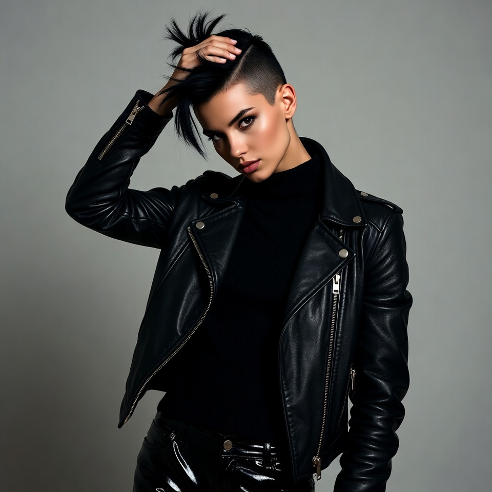Woman with undercut hairstyle in leather jacket Woman with undercut hairstyle in leather jacket