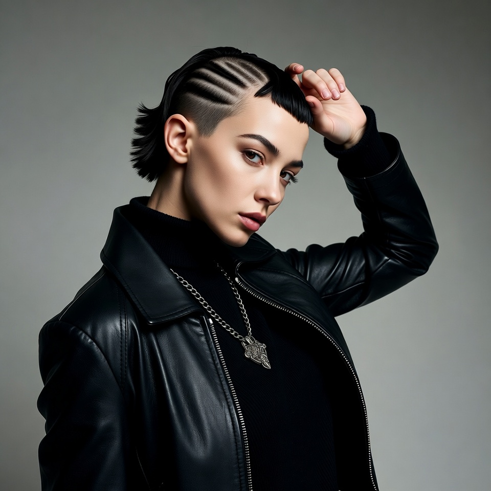 Woman with undercut braids in leather jacket Woman with undercut braids in leather jacket