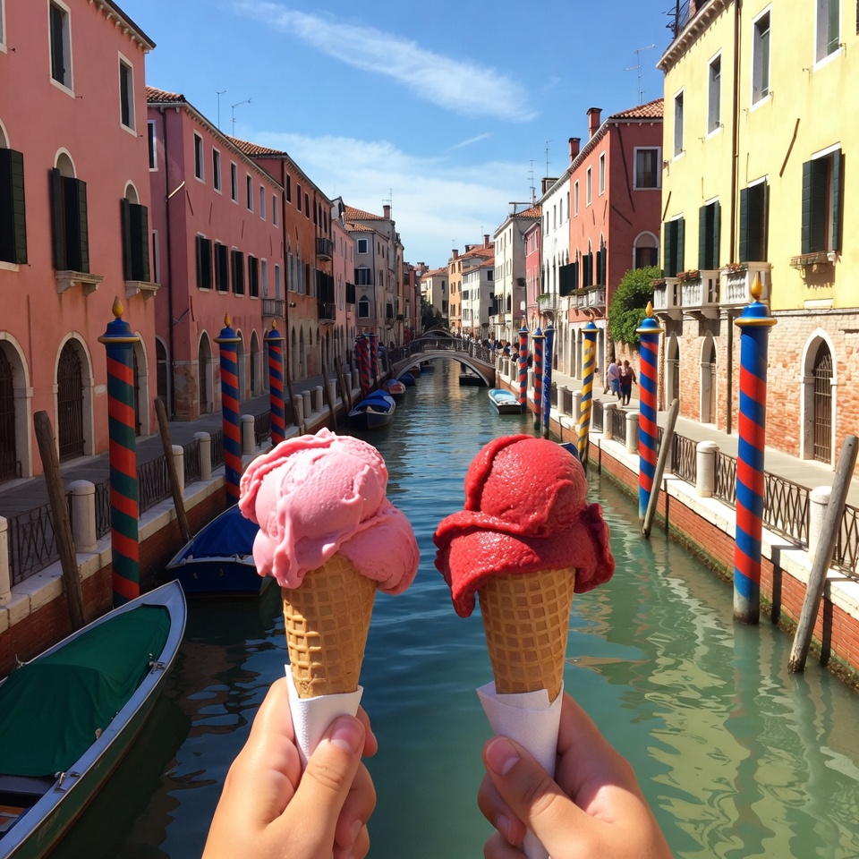 Hands Holding Pink Red Gelato Venice Canal Hands Holding Pink Red Gelato Venice Canal