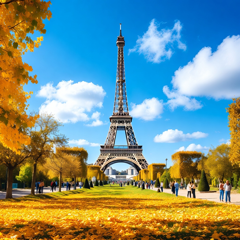 Eiffel Tower in Autumn with Tourists Eiffel Tower in Autumn with Tourists