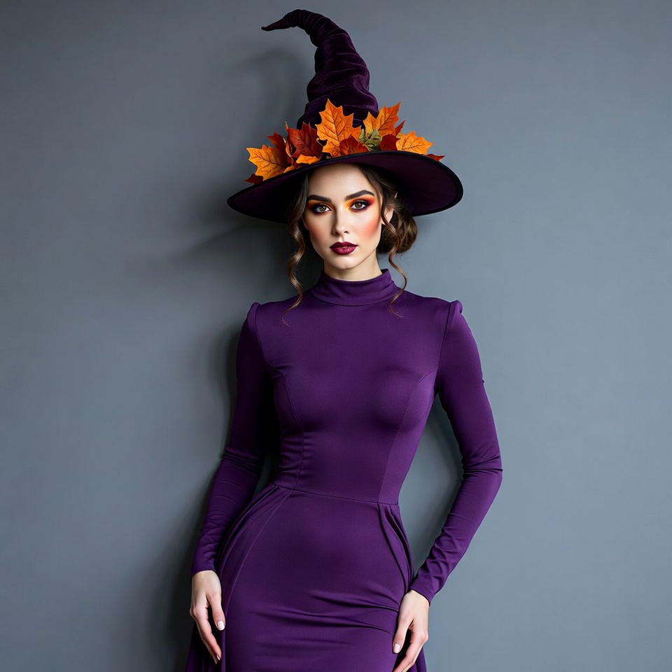 Woman in purple witch hat with autumn leaves Woman in purple witch hat with autumn leaves