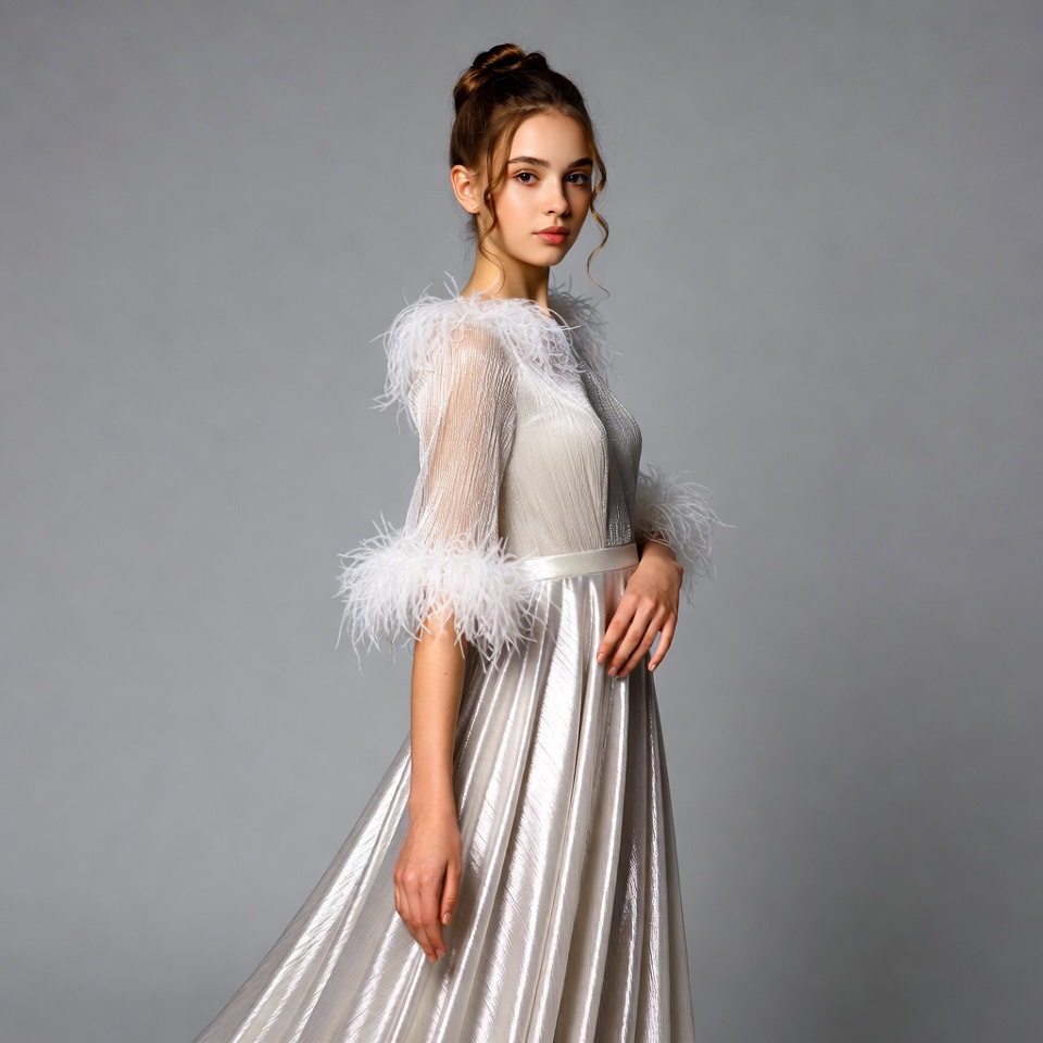 Young woman in feathered silver gown Young woman in feathered silver gown