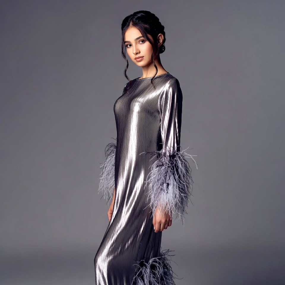 Asian woman in silver feather dress Asian woman in silver feather dress