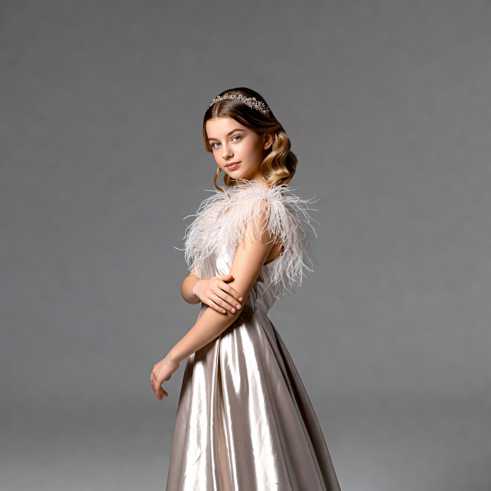 Young woman in feathered satin gown Young woman in feathered satin gown