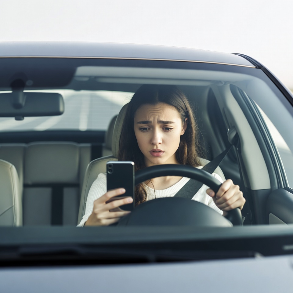 Woman distracted driving with phone Woman distracted driving with phone