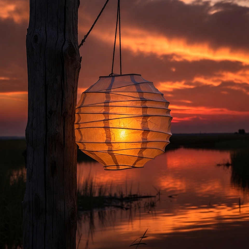Paper Lantern Hanging on Wooden Post at Sunset Paper Lantern Hanging on Wooden Post at Sunset
