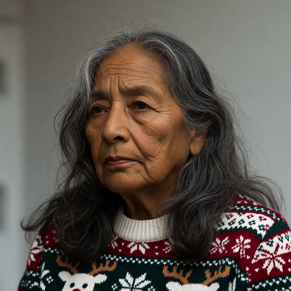 Elderly Indigenous woman in reindeer sweater Elderly Indigenous woman in reindeer sweater