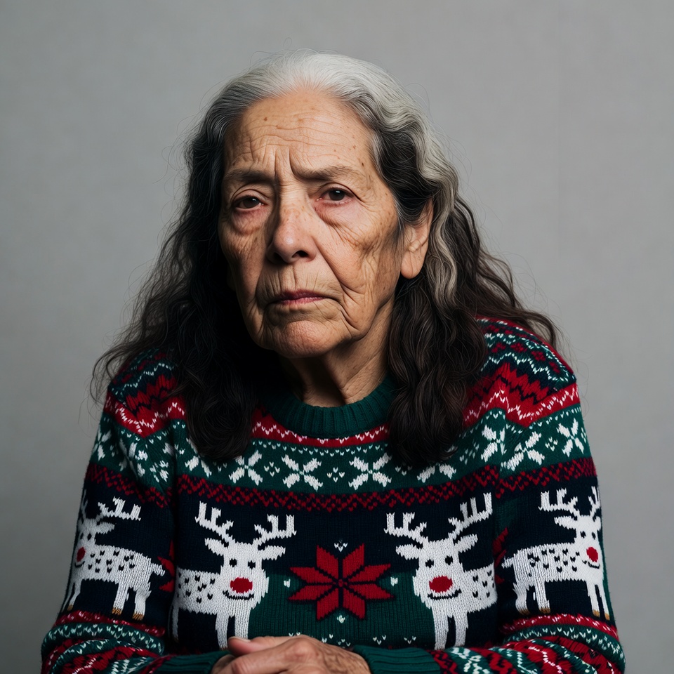 Elderly woman in reindeer Christmas sweater Elderly woman in reindeer Christmas sweater
