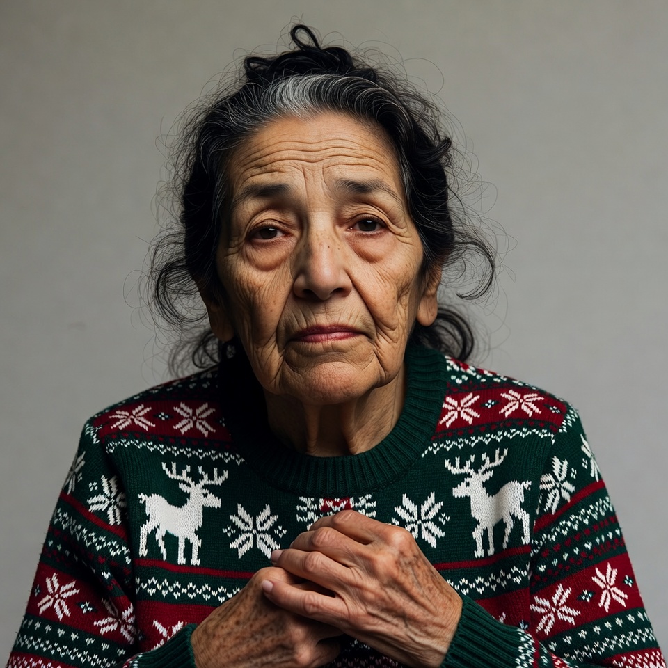 Elderly woman in reindeer Christmas sweater Elderly woman in reindeer Christmas sweater