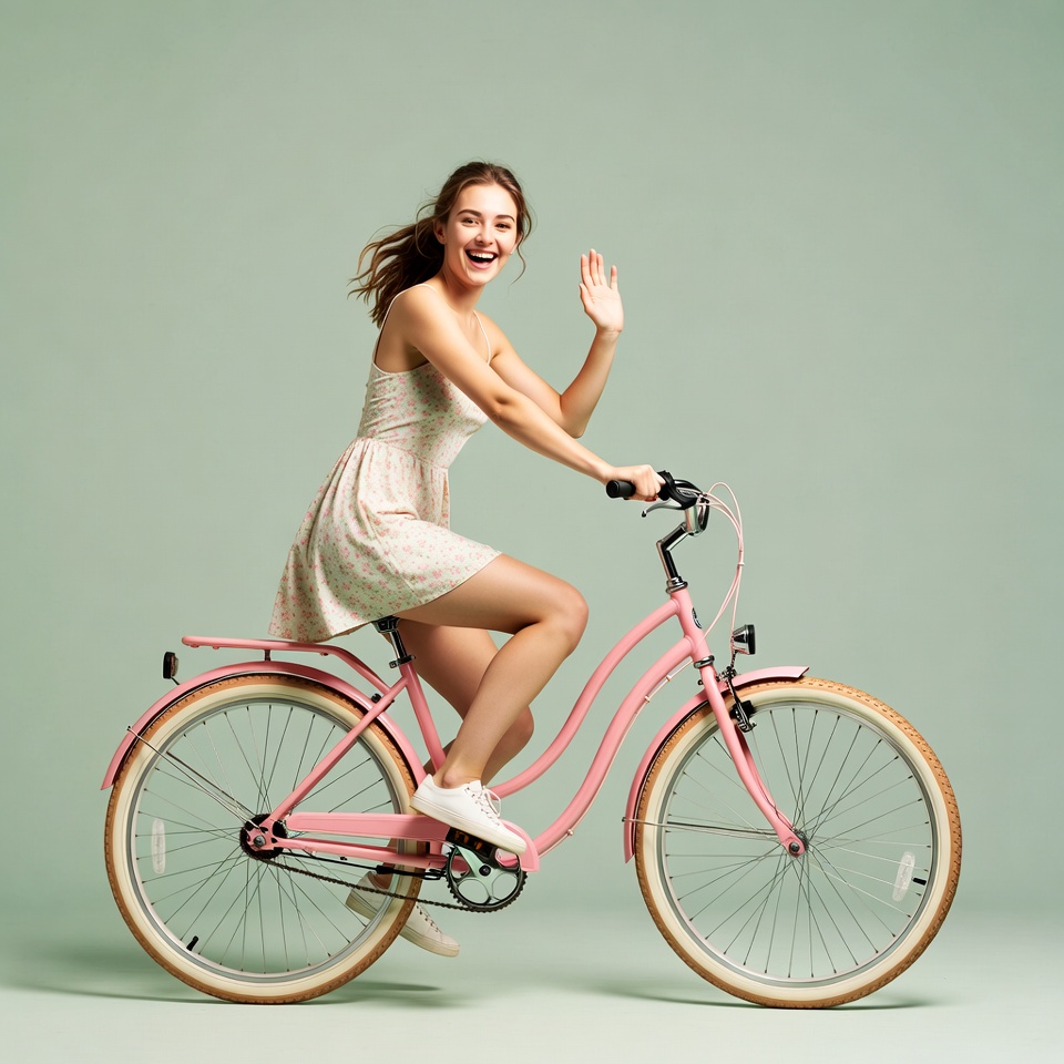 Young woman waving on pink bicycle Young woman waving on pink bicycle