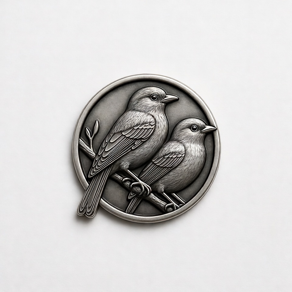 Two Birds on Branch Silver Medallion Two Birds on Branch Silver Medallion