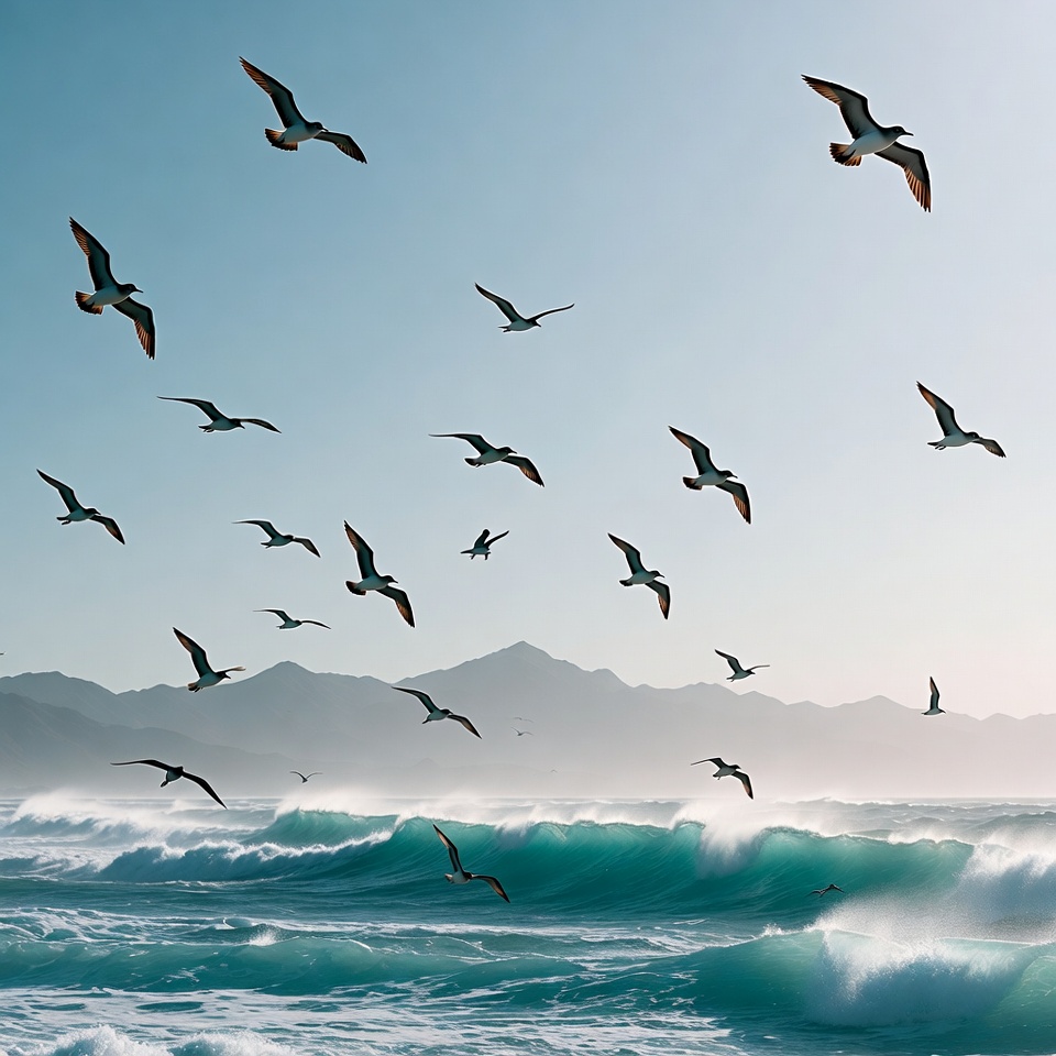 Flock of seagulls flying over ocean waves Flock of seagulls flying over ocean waves
