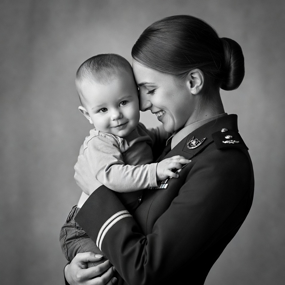 Female soldier holding smiling baby Female soldier holding smiling baby