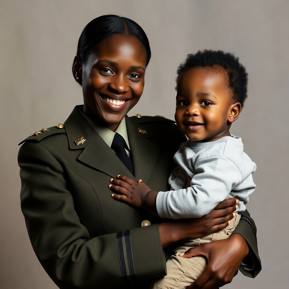 African-American woman soldier holding baby African-American woman soldier holding baby