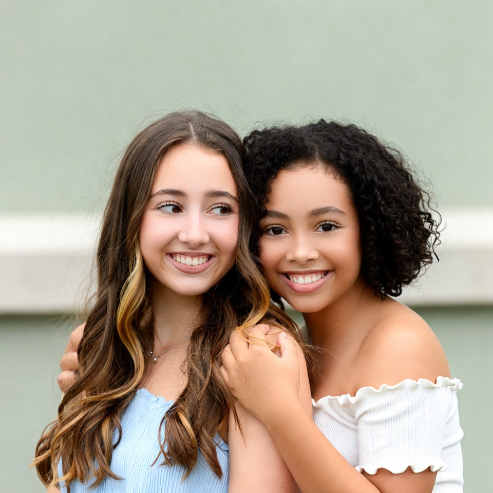 Two smiling teenage girls hugging Two smiling teenage girls hugging