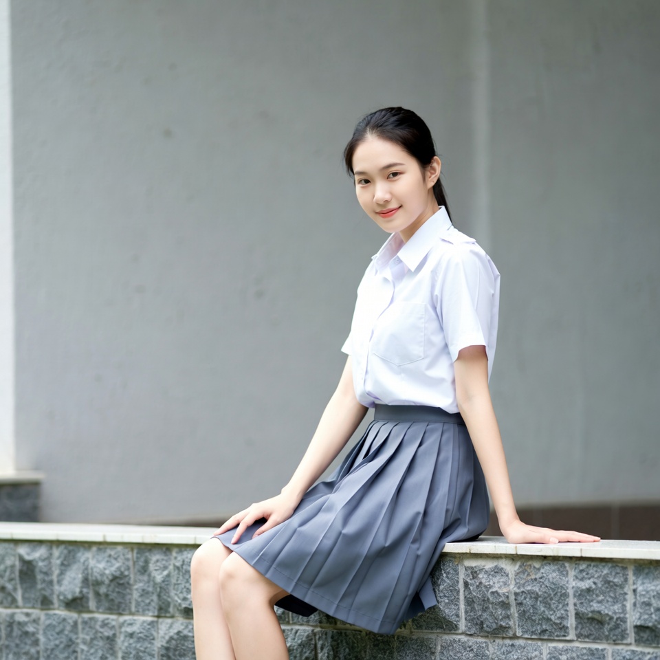 Asian girl in school uniform sitting Asian girl in school uniform sitting