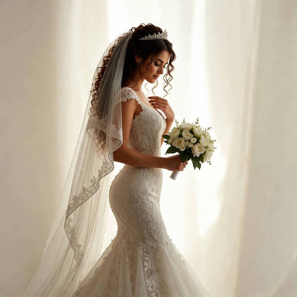 Bride holding bouquet in white gown Bride holding bouquet in white gown