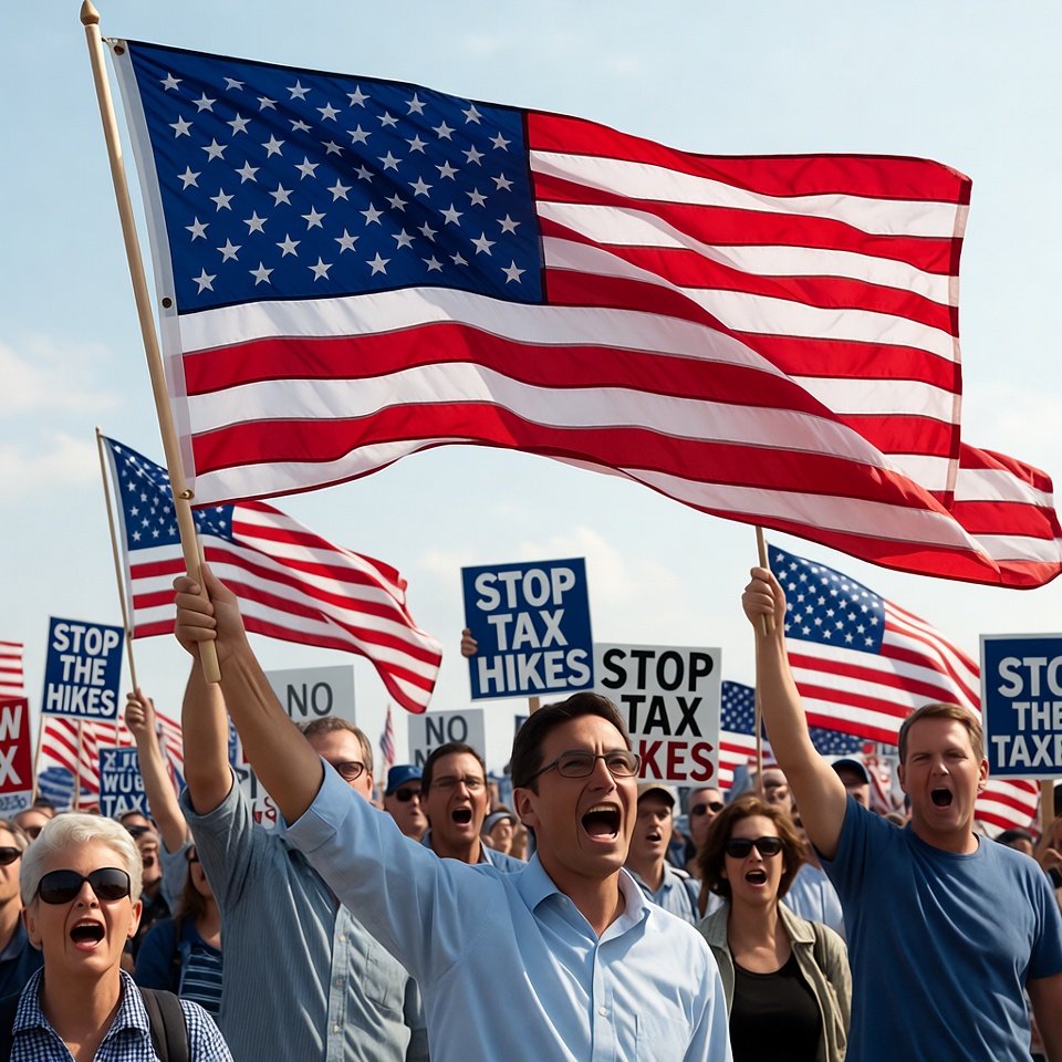 Crowd Protesting Tax Hikes with American Flags Crowd Protesting Tax Hikes with American Flags