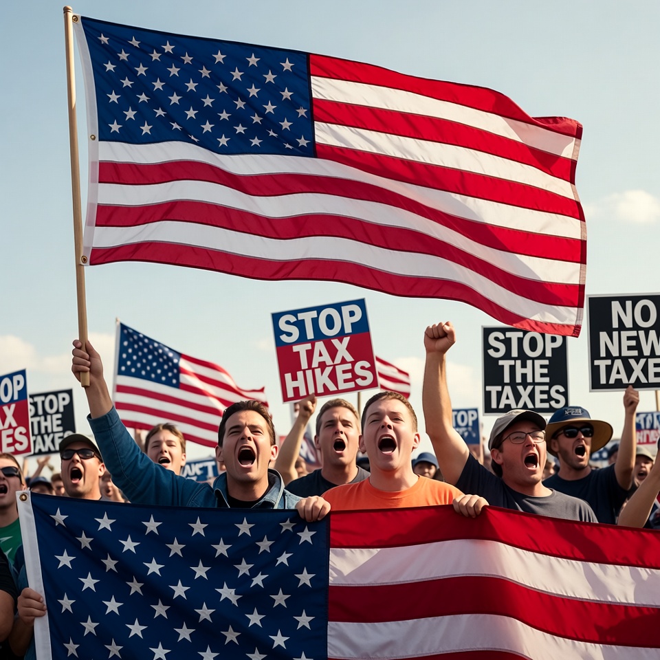 Men protesting tax hikes with American flags Men protesting tax hikes with American flags