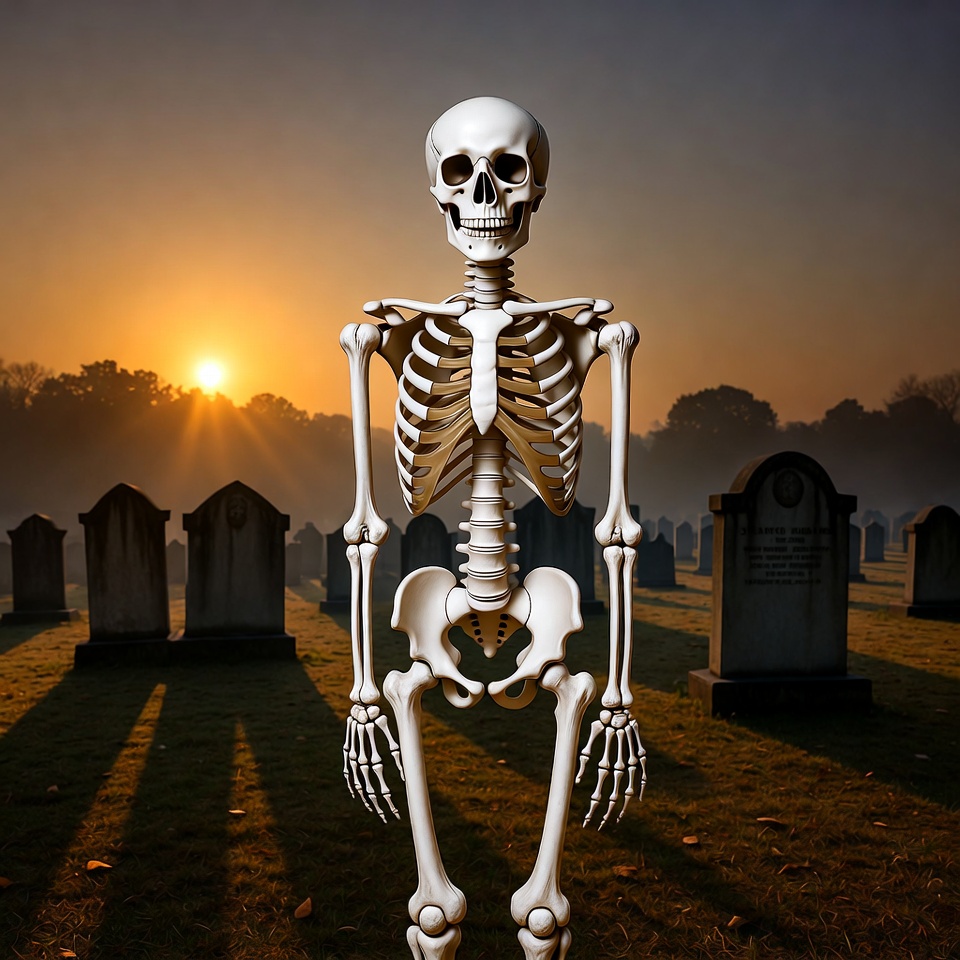 Skeleton standing in foggy graveyard sunset Skeleton standing in foggy graveyard sunset