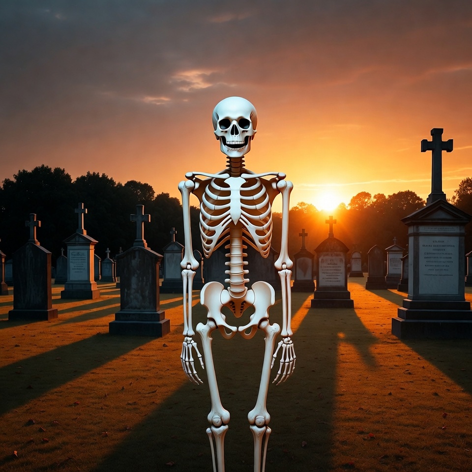 Skeleton Standing in Cemetery at Sunset Skeleton Standing in Cemetery at Sunset