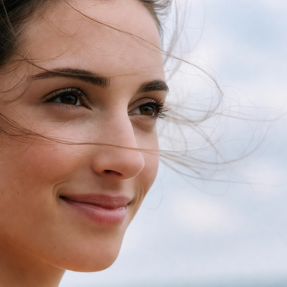 Smiling woman with hair blowing in wind Smiling woman with hair blowing in wind