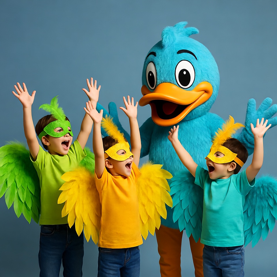 Boys in bird costumes with mascot Boys in bird costumes with mascot