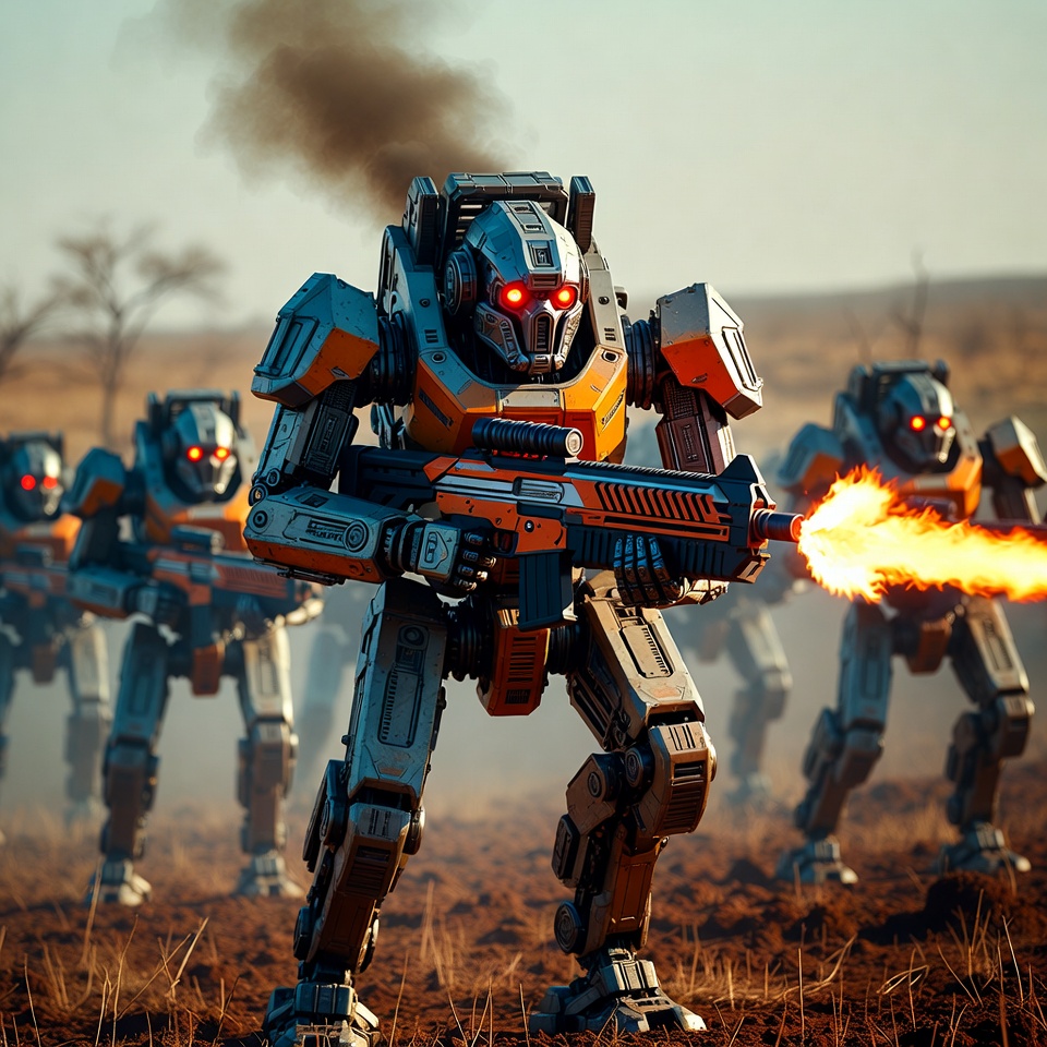 Orange Armored Robots Firing Guns in Desert Orange Armored Robots Firing Guns in Desert