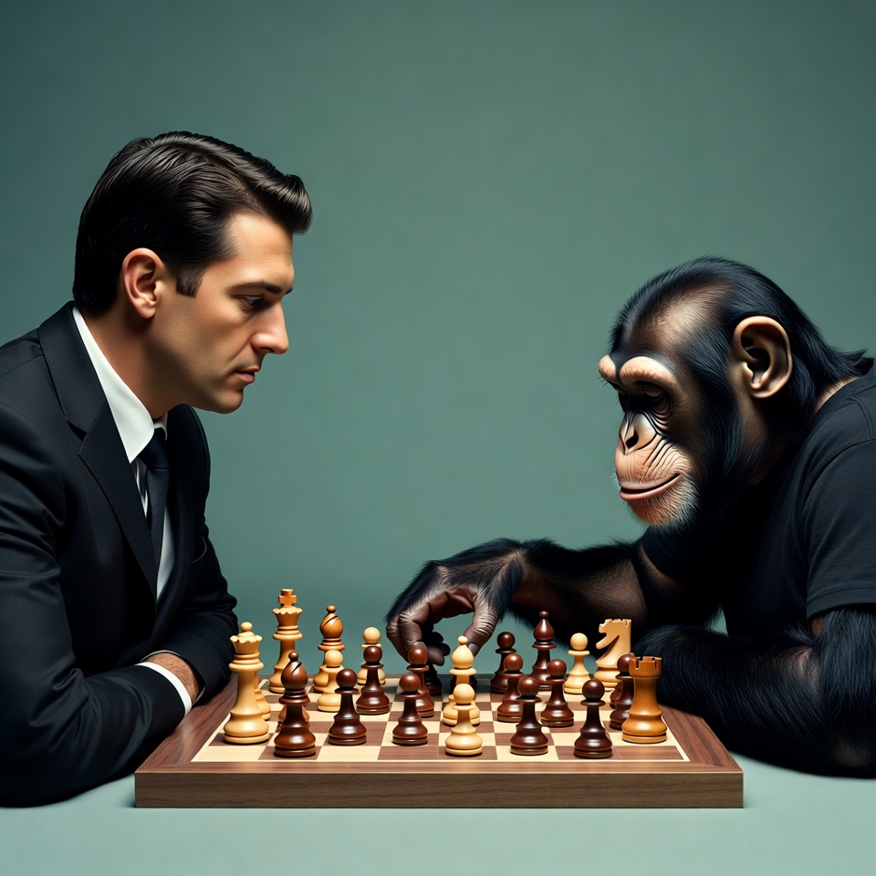 Man playing chess with chimpanzee Man playing chess with chimpanzee