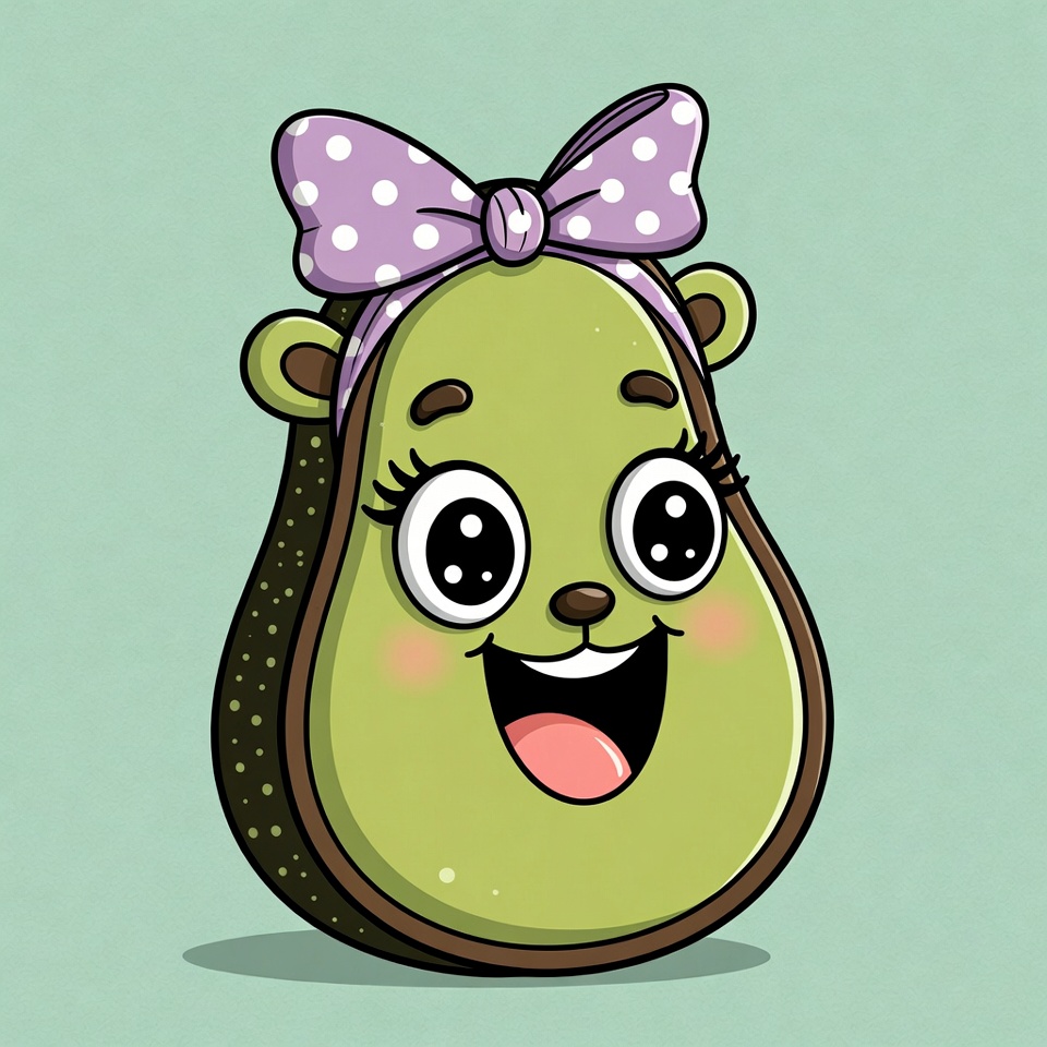 Cute avocado character with purple bow Cute avocado character with purple bow