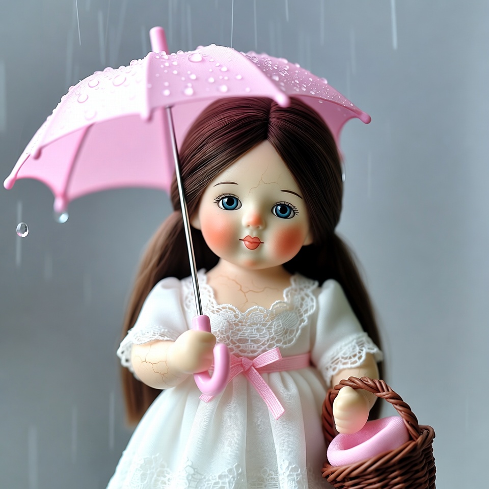 Doll girl with pink umbrella in rain Doll girl with pink umbrella in rain