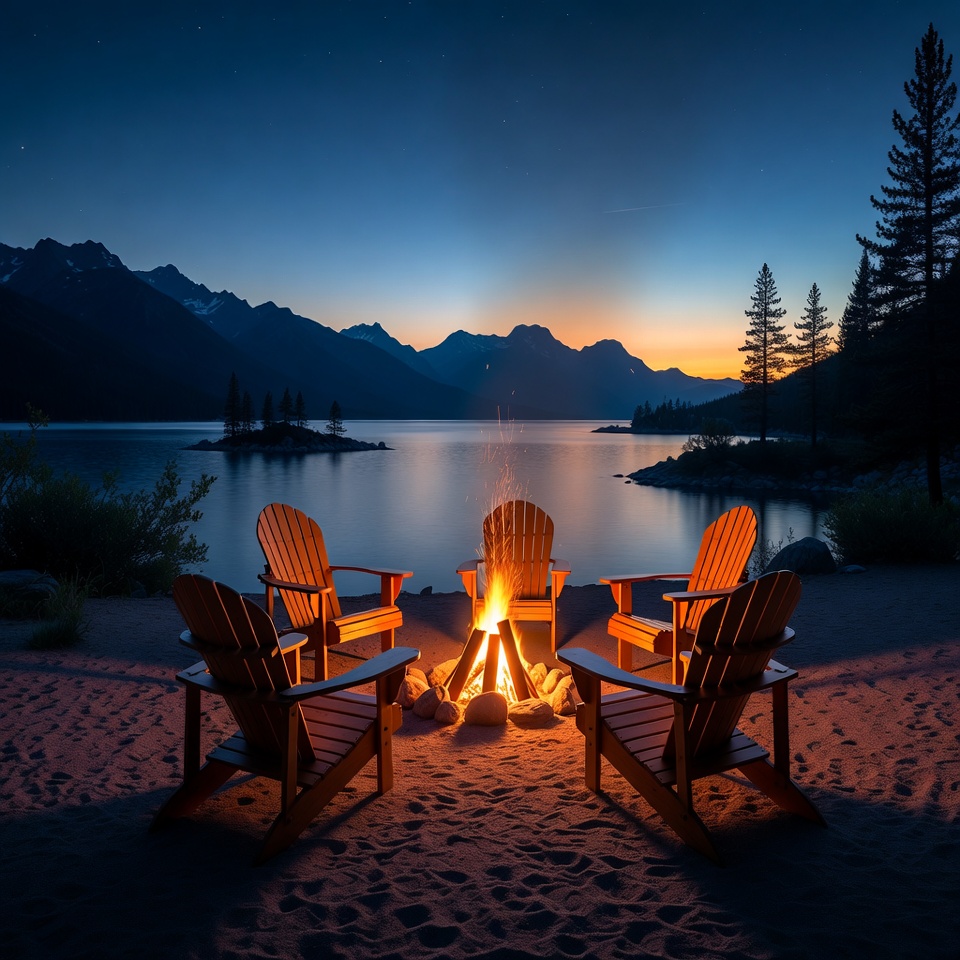 Campfire chairs on lakeside beach at sunset Campfire chairs on lakeside beach at sunset