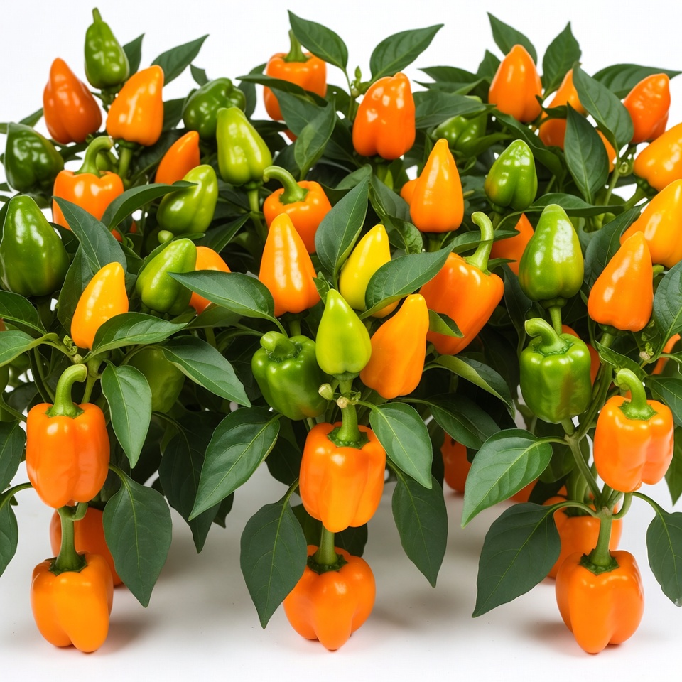 Bunch of orange green peppers on plant Bunch of orange green peppers on plant