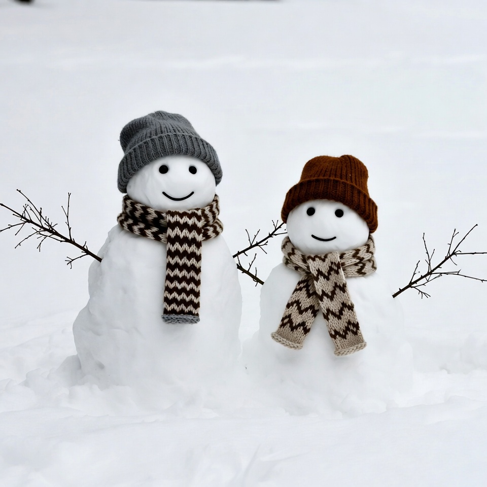 Two Snowmen Wearing Scarves and Hats Two Snowmen Wearing Scarves and Hats
