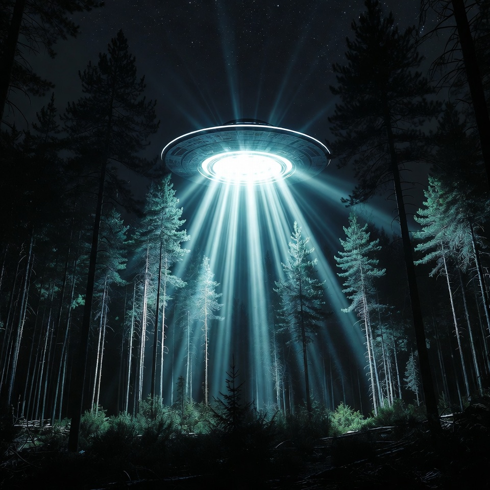 UFO beaming light over pine forest UFO beaming light over pine forest