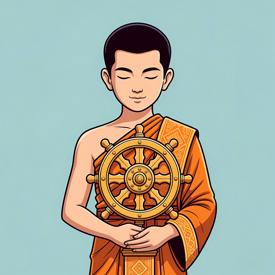 Young Buddhist monk holding Dharma wheel Young Buddhist monk holding Dharma wheel