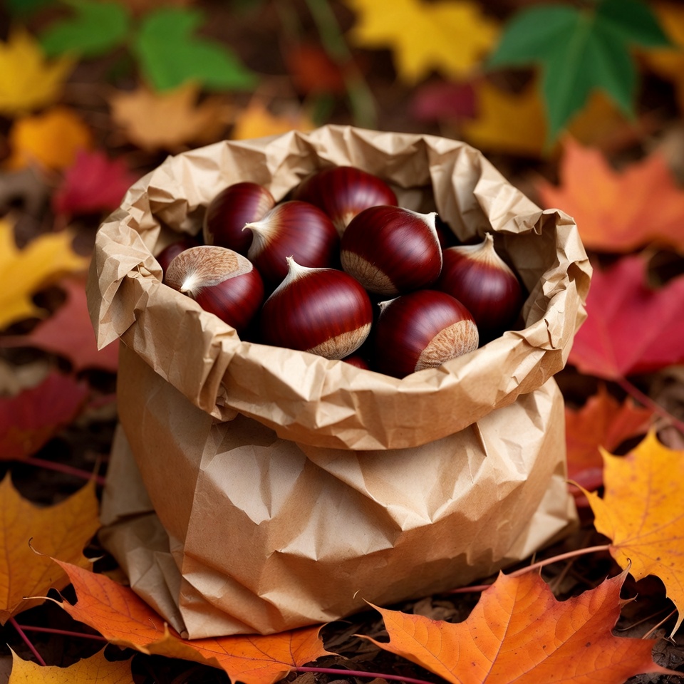 Chestnuts in Brown Paper Bag on Autumn Leaves Chestnuts in Brown Paper Bag on Autumn Leaves