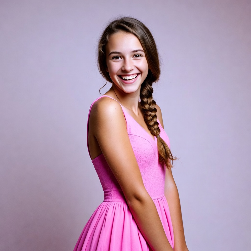 Teen girl smiling in pink dress Teen girl smiling in pink dress
