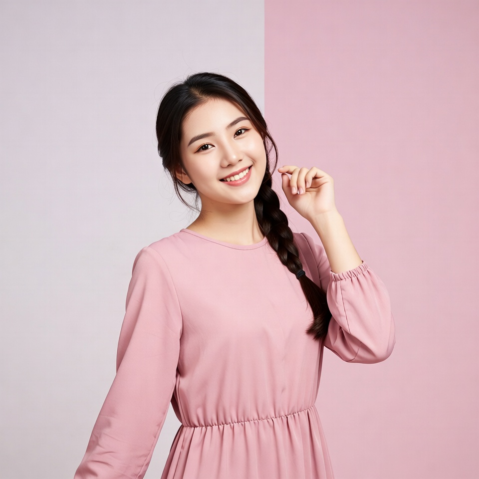 Asian woman smiling in pink dress Asian woman smiling in pink dress