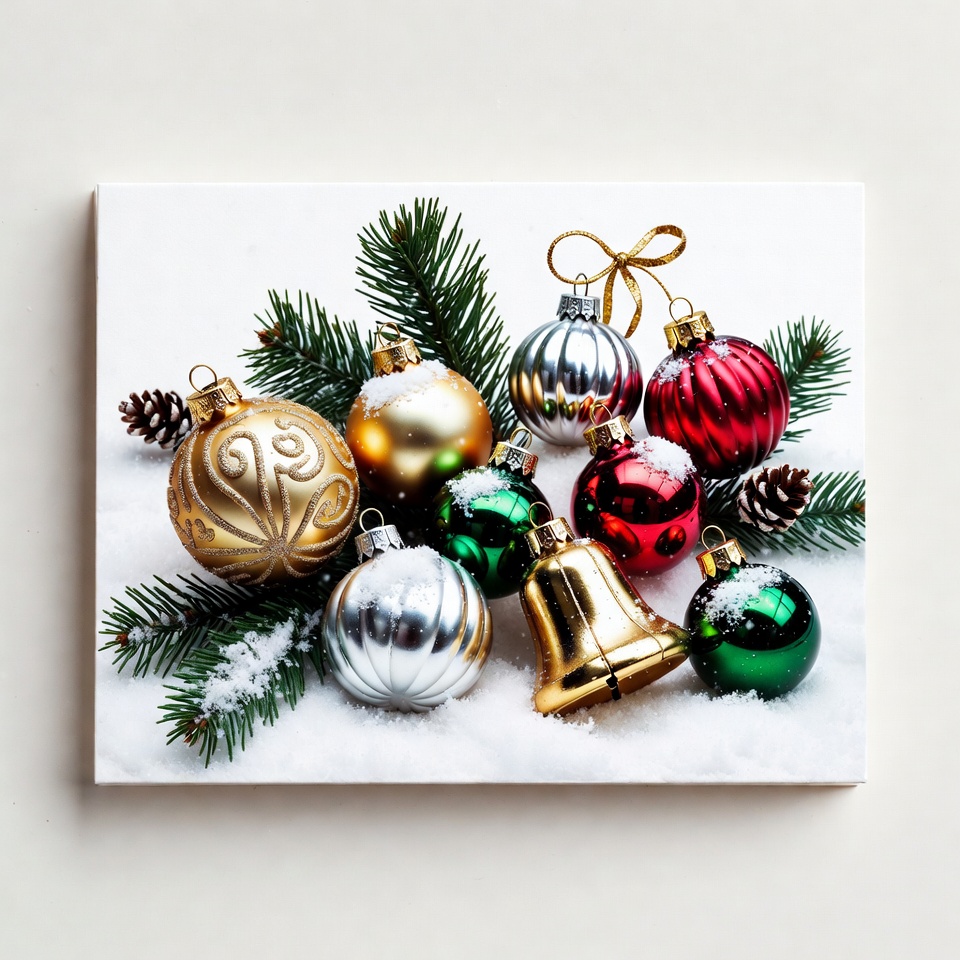 Colorful Christmas Ornaments with Pine Branches Colorful Christmas Ornaments with Pine Branches