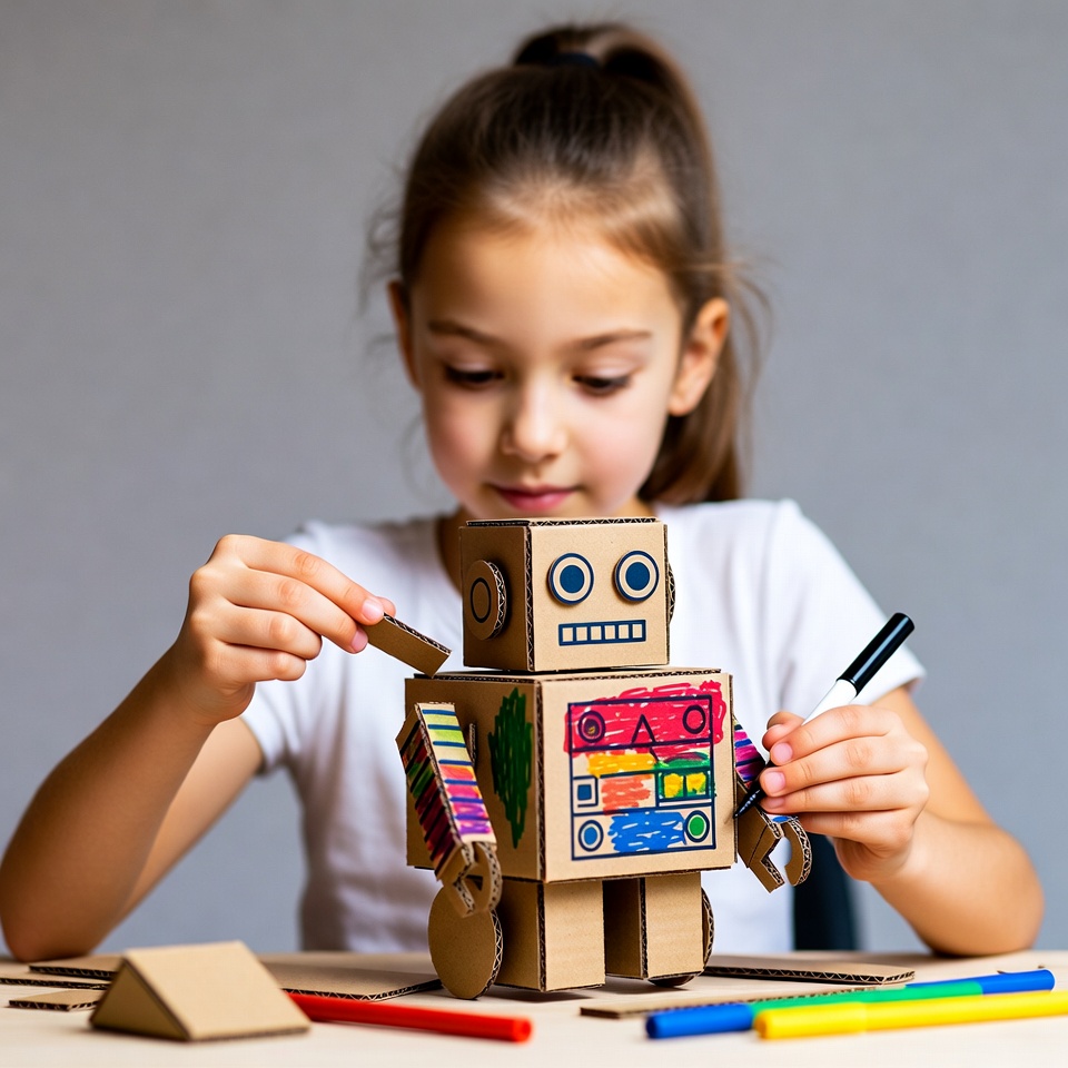 Girl coloring cardboard robot craft Girl coloring cardboard robot craft