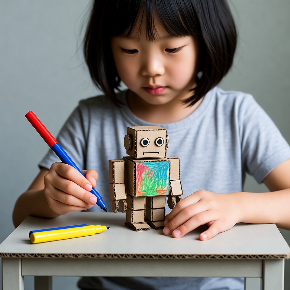 Asian girl coloring cardboard robot Asian girl coloring cardboard robot